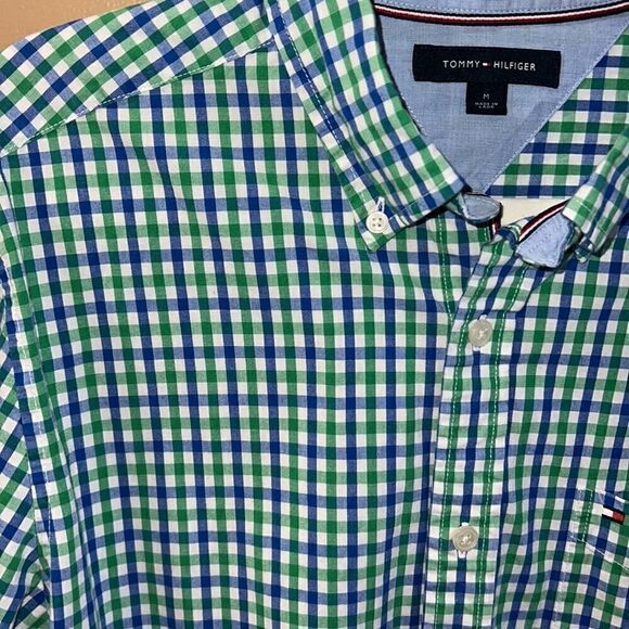Tommy Hilfiger Men’s M Summer check blue green and white button down shirt - Picture 4 of 16